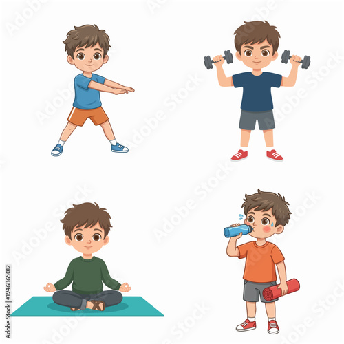 Cute Cartoon Boy Exercising Various Sport Activities Illustration Set