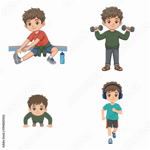 Cartoon Cute Boy Doing Different Sport and Exercise Activity Illustration