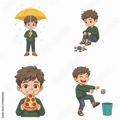 Cartoon Style Illustration Boy Doing Different Activities Character Design Elements