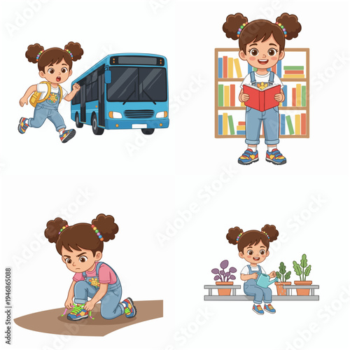 Cartoon Style Girl Doing Various Activities in Daily Life Illustration Set