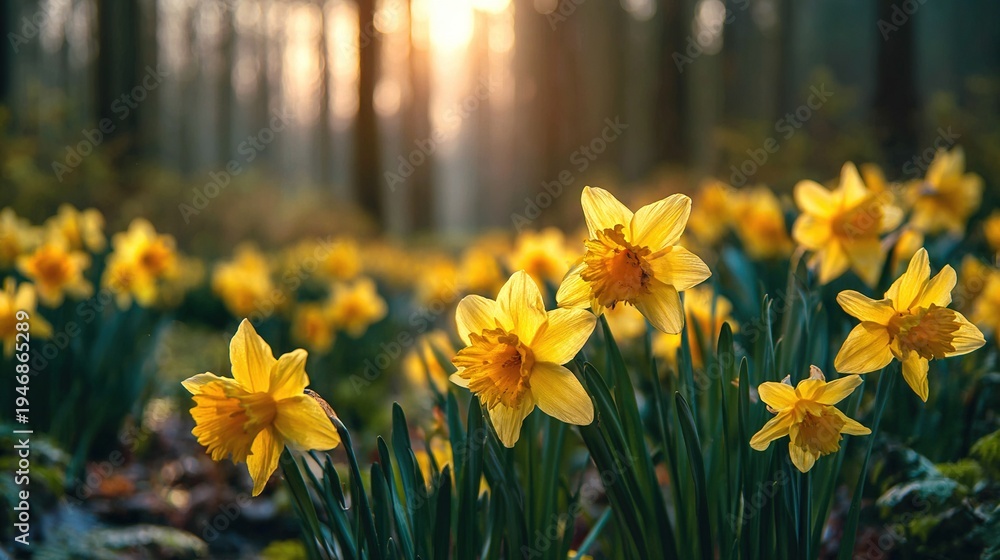 Obraz premium Bright yellow daffodils sway gently in the soft morning light, their petals shimmering in the sunlight against a backdrop of hazy green forest—a refreshing spring scene.