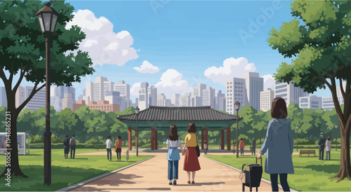People walking in a park with traditional pavilion and cityscape background