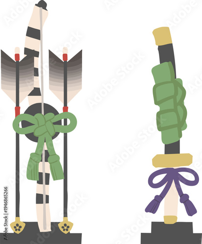 端午の節句の弓太刀飾り フラットなベクターイラスト こどもの日・五月人形装飾