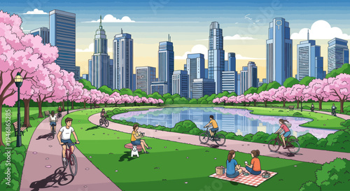 Pixel Art City Park with Cherry Blossoms, Lake, and People Cycling