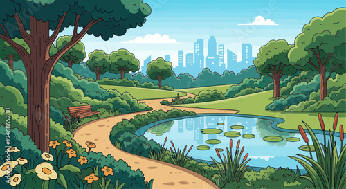 Serene park landscape with pond, pathway, and city skyline in distance