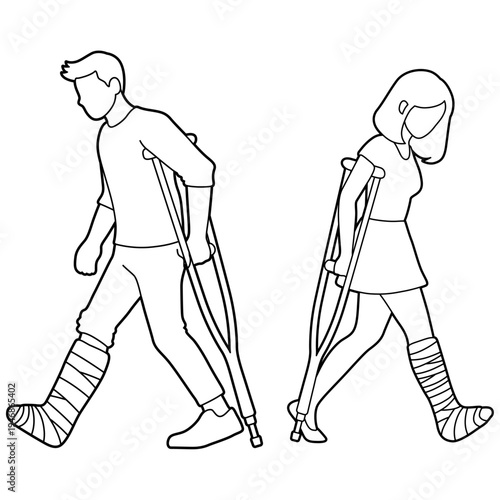 Man and Woman Walking on Crutches.