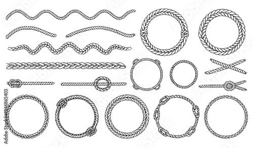 Rope wavy border and circle frame vector set with nautical knot cord braid western decorative outline