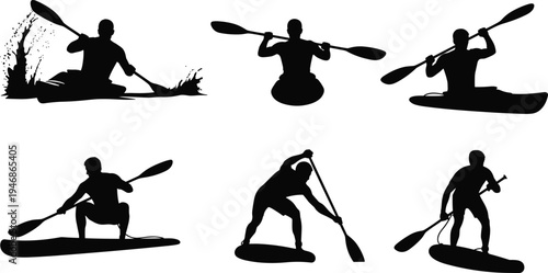 Kayak and paddle board athlete silhouettes collection showing paddling actions isolated on white background water sport adventure illustration set