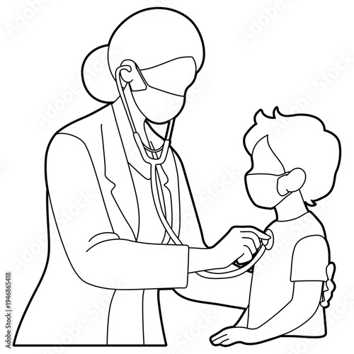 Dentist Seeing a Patient Line Illustration.