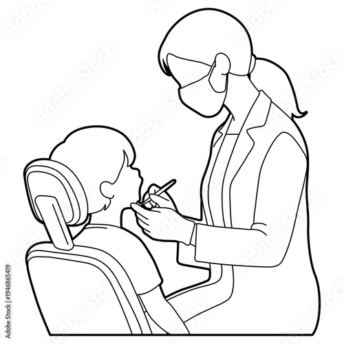 Dentist Seeing a Patient Line Illustration.