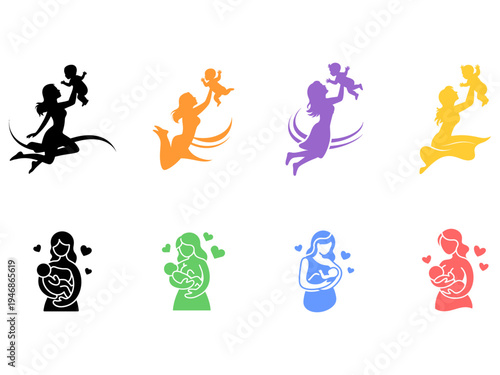 A vibrant collection of stylized silhouettes depicts mothers with their babies showcasing love and connection