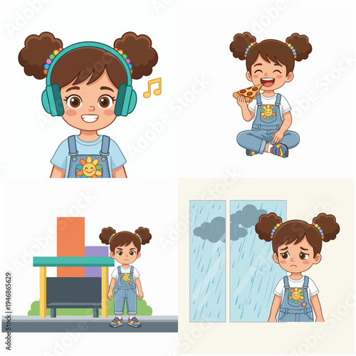 Cute Cartoon Little Girl with Different Activity Illustration Set