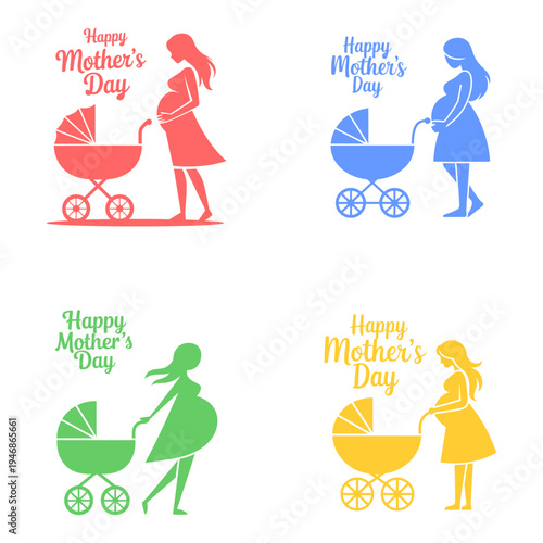 Colorful silhouettes depict pregnant women with strollers celebrating the joy of motherhood and mother s day