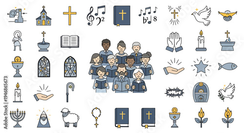 Religious Celebration, Choir Performance, Church, Illustration, Spiritual Environment, Front View, Community Unity