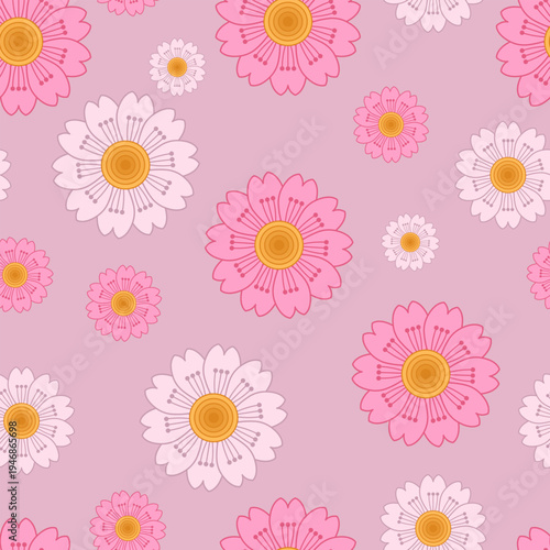 Beautiful seamless vector pattern with pink blossoms on a soft lilac background. A wise and soulful botanical design representing natural beauty, gentle harmony, and peace for trendy home decor.