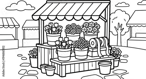 Black and white line art vector flower market stall with pots ribbons outdoors in town square simple outline illustration