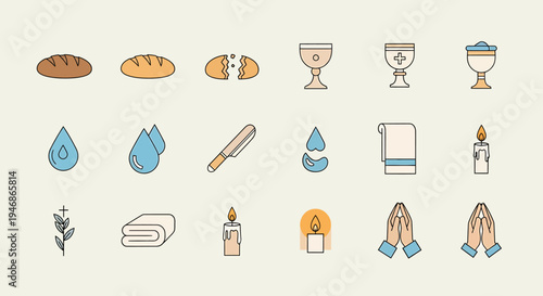 Bread, Chalice, Water, Candle, and Prayer Icons in Minimalist Design