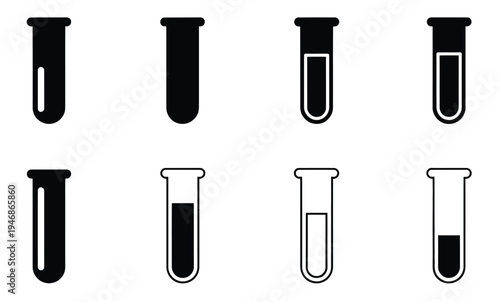 Black and white laboratory test tubes and vials illustration, showcasing scientific glassware used in chemistry experiments, medical research, and laboratory analysis vector graphics.