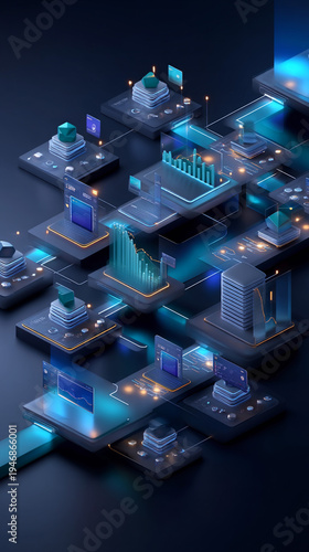 Futuristic Digital Data Network with Glowing Connections and Abstract Graphs Representing Business Intelligence and Global Communication