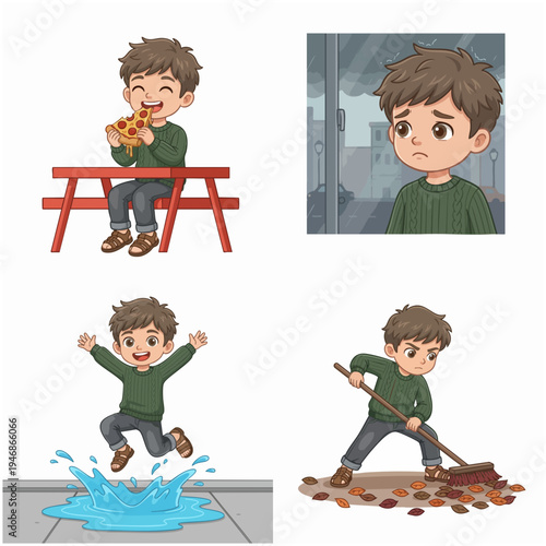 Whimsical Illustrated Boy Activities and Emotions Cartoon Style Illustration Set
