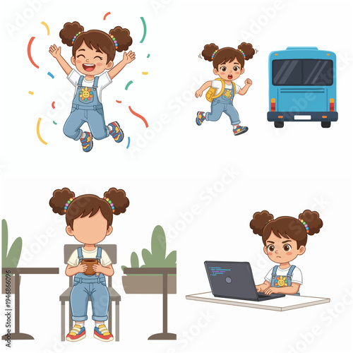 Cute Cartoon Little Girl Character with Different Activities Illustration