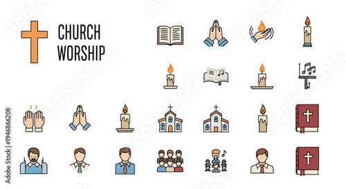 Modern vector line icons set depicting church worship, religious practices, prayer, and spirituality. Essential graphic elements for faith-based content and services
