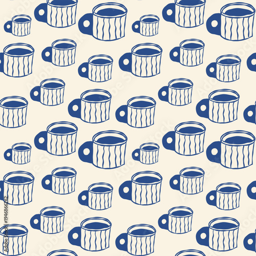 Retro style blue sketch of repeated ceramic cups pattern for kitchen surface decoration