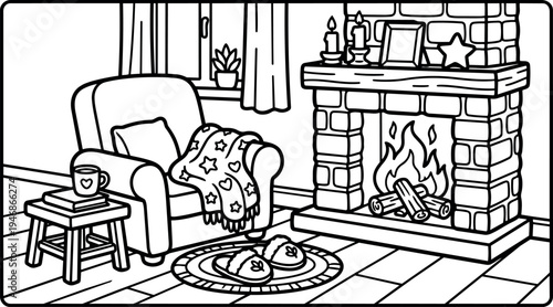 Cozy living room with armchair blanket slippers by stone fireplace and steaming mug on wooden stool interior vector art