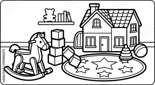 Black and white line art playroom scene with rocking horse toy blocks dollhouse ball and star patterned rug