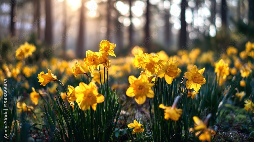 Obraz premium Bright yellow daffodils sway gently in the soft morning light, their petals shimmering in the sunlight against a backdrop of hazy green forest—a refreshing spring scene.