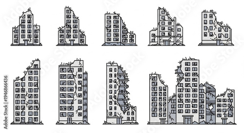 Collection of destroyed buildings in a post-apocalyptic cityscape.