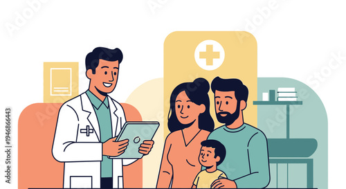 Doctor consults with family on tablet, healthcare, medical checkup, family doctor, patient care