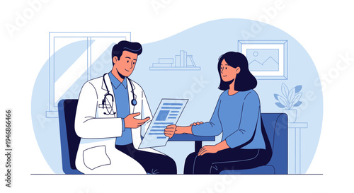 Doctor consulting patient in clinic, discussing medical report, healthcare concept