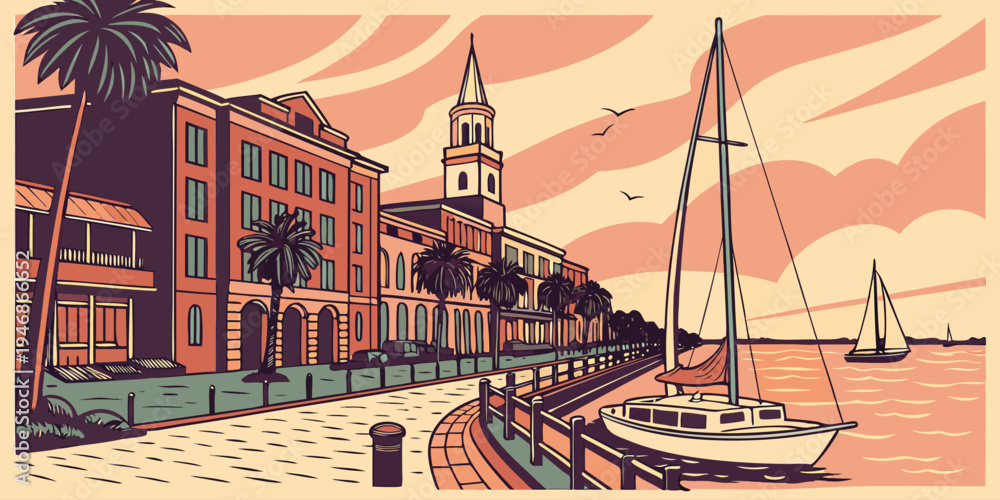 Naklejka premium USA, US, U.S, United States - Charleston historic waterfront sunset panorama southern coastal charm 