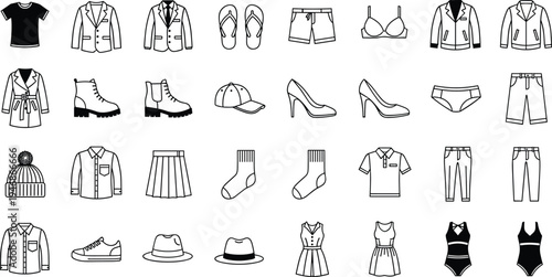 Black silhouette collection of elegant women dresses, fashion icons, casual apparel, accessories, formal evening gowns, wedding outfits, summer clothing, set, vector illustration, isolated