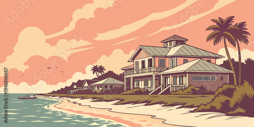 USA, US, U.S, United States - Anna Maria Island pastel beach houses sunset panorama peaceful island scenery 
