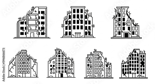 Damaged Buildings Vector Set - Post-Apocalyptic Urban Landscape.