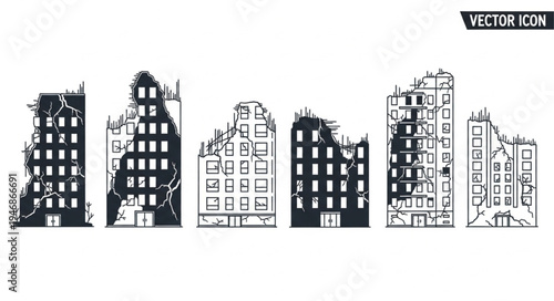 Silhouette of Destroyed Buildings - A Vector Icon Depicting Urban Decay.