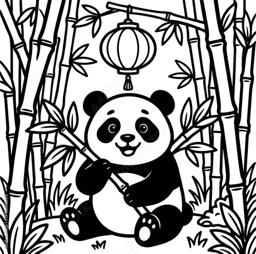 Cute panda sitting and holding bamboo sticks surrounded by bamboo forest with hanging lantern black and white vector art illustration