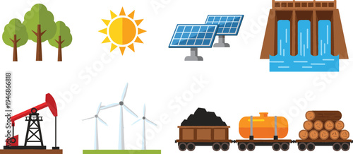 Energy Production and Natural Resources Icon Set with Solar Panels, Wind Turbines, Oil Pumpjack, Coal, Dam Hydropower and Timber Vector Collection
