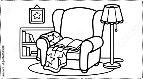 Black and white line art cozy armchair with star patterned blanket open book standing lamp and bookshelf interior scene
