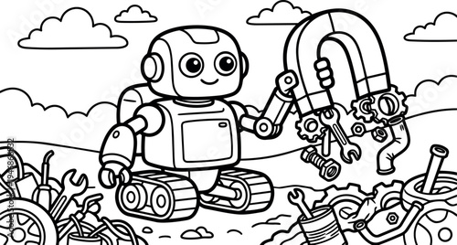 Cute robot with big eyes holding horseshoe magnet attracting metal tools and scrap in outdoor junkyard scene with clouds
