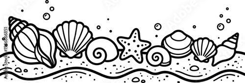 Black and white line art seamless border with seashells starfish sand ocean wave pattern minimal vector design