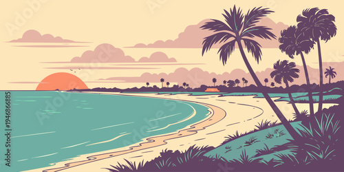 USA, US, U.S, United States - Siesta Key powder white sand beach sunset panorama calm turquoise water
