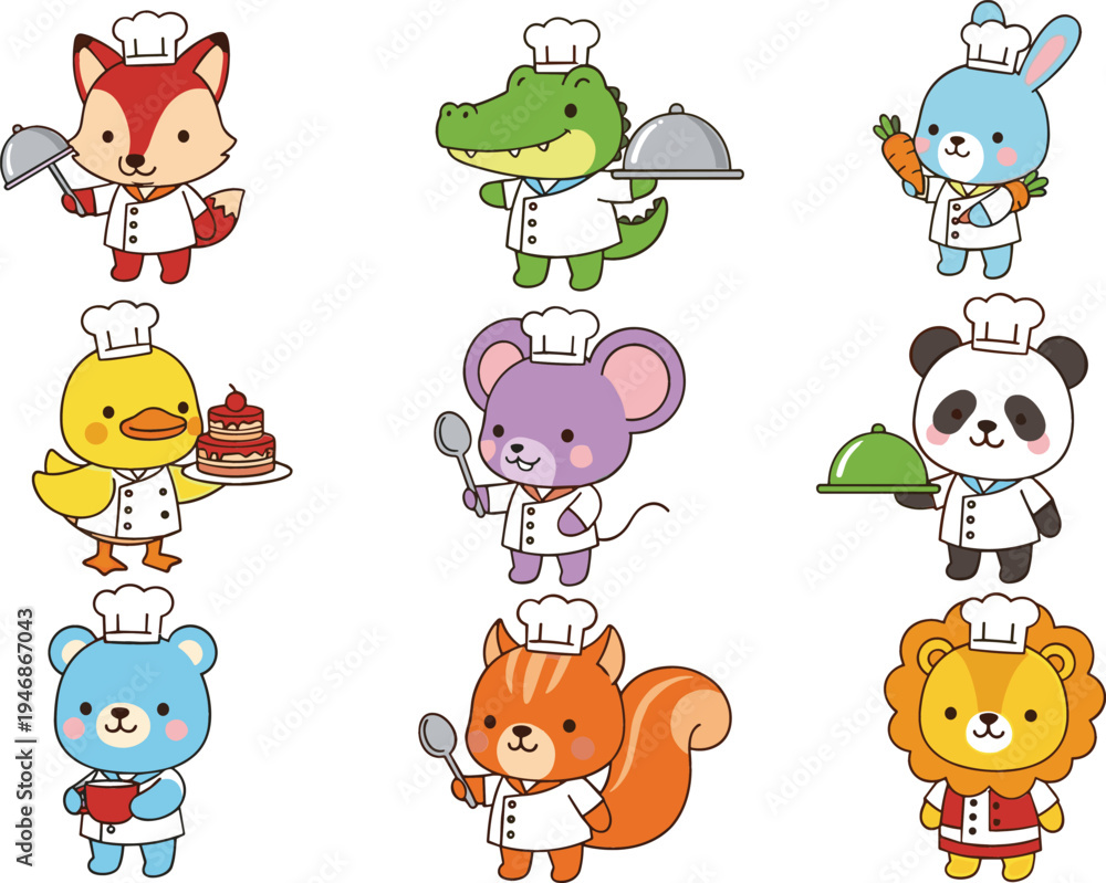 Obraz premium Cute Animal Chef Character Set with Fox, Crocodile, Rabbit, Panda, Lion, Mouse, Chick, Bear and Squirrel Cooking Cartoon Vector Collection