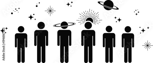Black silhouette of human figures with stars planets and sun symbols overhead isolated on white background for spiritual space and mindfulness concepts.