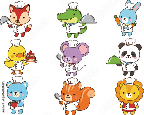 Cute Animal Chef Character Set with Fox, Crocodile, Rabbit, Panda, Lion, Mouse, Chick, Bear and Squirrel Cooking Cartoon Vector Collection