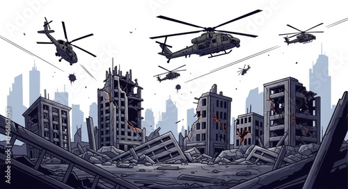 Helicopters fly over destroyed city.