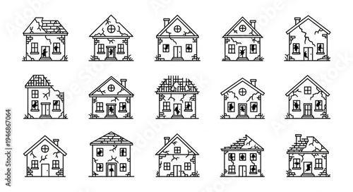 Collection of distressed houses in sketch style, depicting urban decay and abandonment.