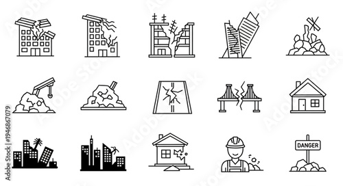 Earthquake Disaster Icons - Building Collapse, Damage, and Rescue.